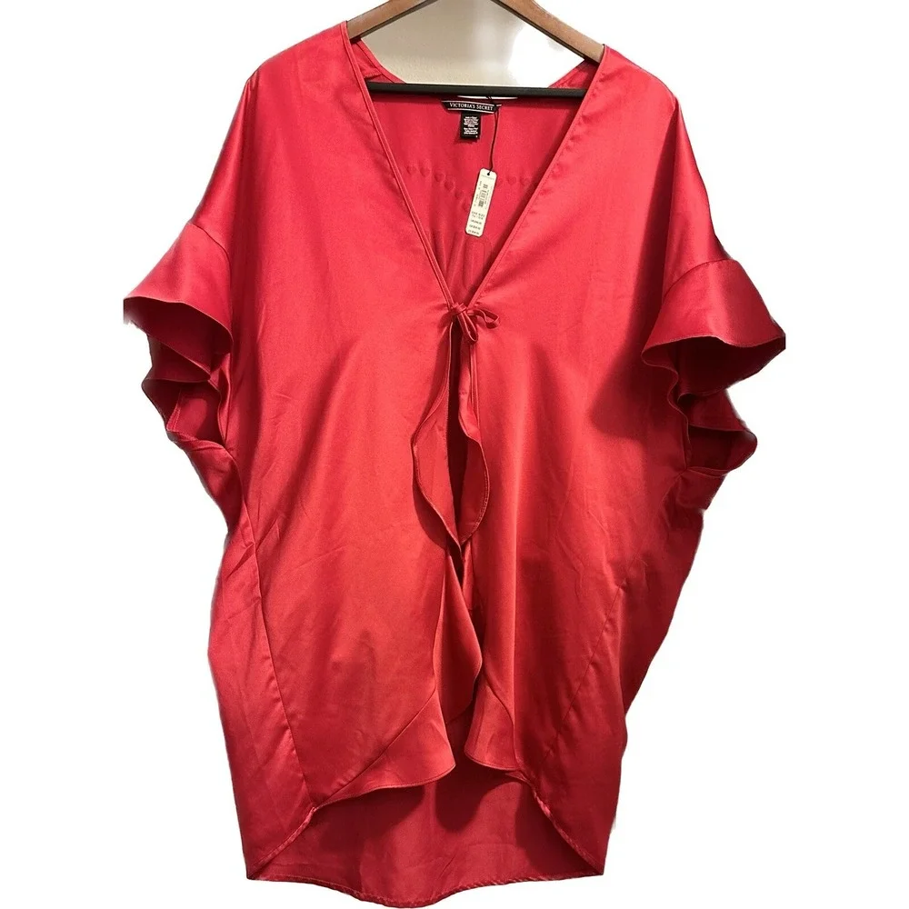 Victoria's Secret Nightgown Kimono Women One Size Ruffle Satin Red Love